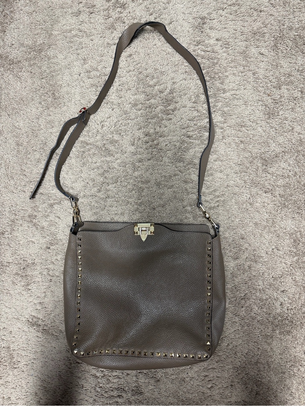 Valentino Stud-Trim Taupe Leather Shoulder Bag